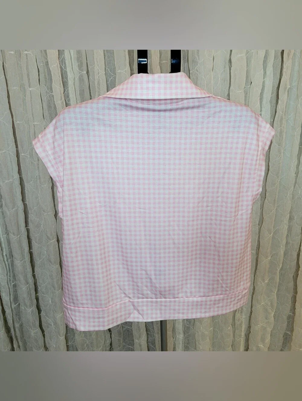 Pink Gingham Plaid 2-Piece Lounge Set L Light French Terry Zip 3/4 Top Shorts